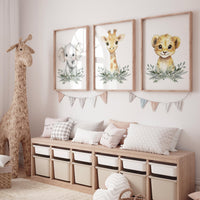 Safari Animal Nursery Wall Art Set – Elephant, Giraffe & Lion Prints with Greenery, Jungle Baby Room Decor, Gender Neutral Wall Art