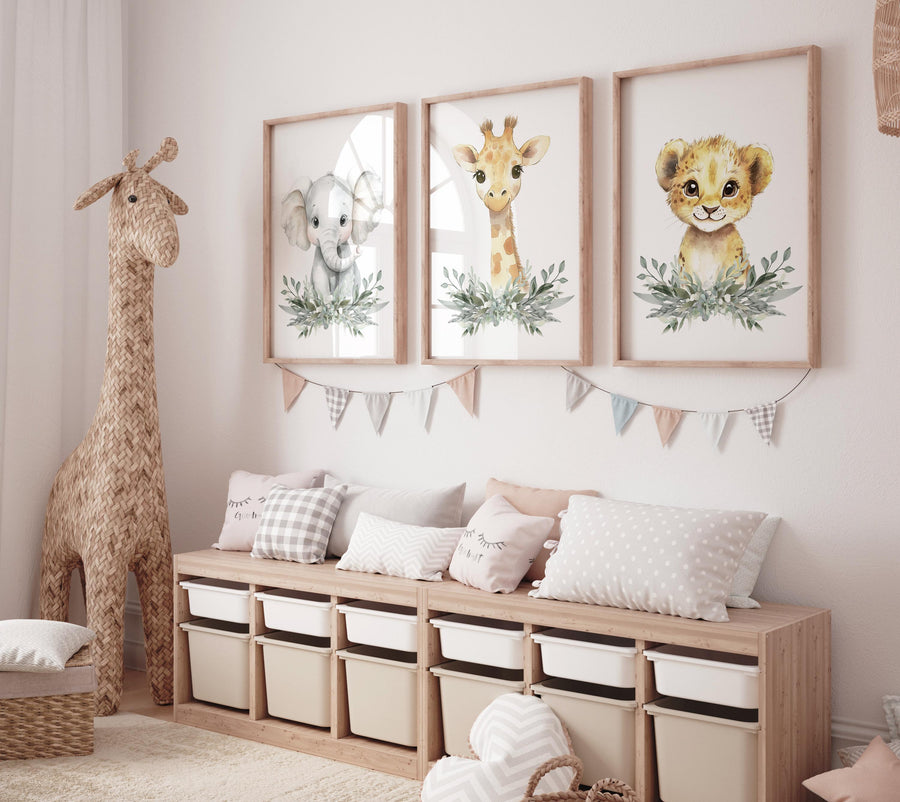 Safari Animal Nursery Wall Art Set – Elephant, Giraffe & Lion Prints with Greenery, Jungle Baby Room Decor, Gender Neutral Wall Art
