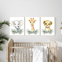 Safari Animal Nursery Wall Art Set – Elephant, Giraffe & Lion Prints with Greenery, Jungle Baby Room Decor, Gender Neutral Wall Art
