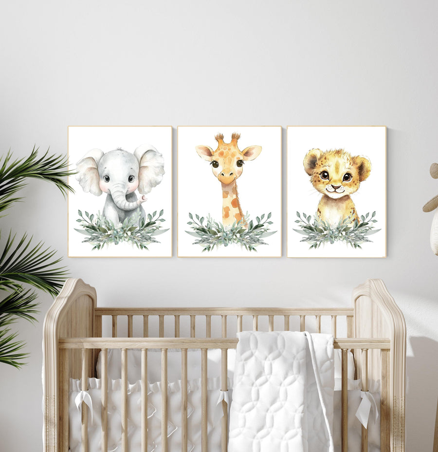 Safari Animal Nursery Wall Art Set – Elephant, Giraffe & Lion Prints with Greenery, Jungle Baby Room Decor, Gender Neutral Wall Art