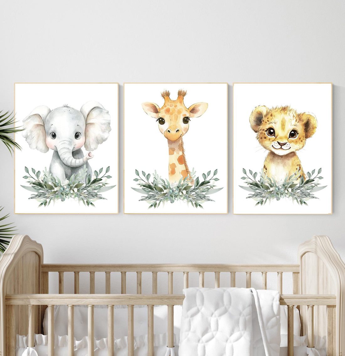 Safari Animal Nursery Wall Art Set – Elephant, Giraffe & Lion Prints with Greenery, Jungle Baby Room Decor, Gender Neutral Wall Art