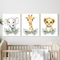 Safari Animal Nursery Wall Art Set – Elephant, Giraffe & Lion Prints with Greenery, Jungle Baby Room Decor, Gender Neutral Wall Art