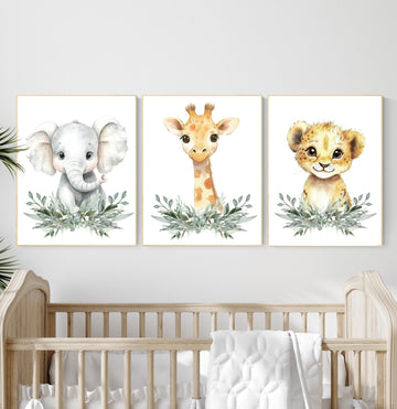 Safari Animal Nursery Wall Art Set – Elephant, Giraffe & Lion Prints with Greenery, Jungle Baby Room Decor, Gender Neutral Wall Art