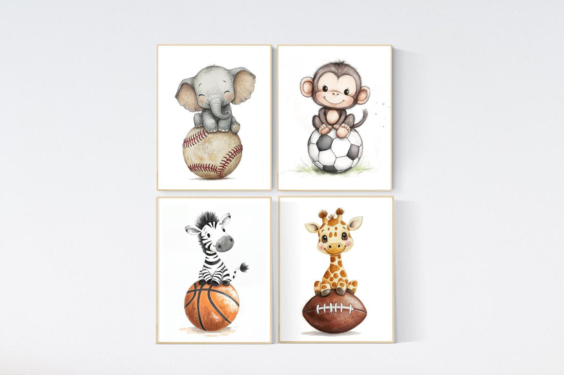 Sports Animal Nursery Wall Art Set – Baseball, Football, Soccer, Basketball Cute Safari Animals Prints for Baby Boy Room Decor, Set of 4