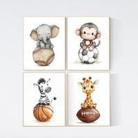 Sports Animal Nursery Wall Art Set – Baseball, Football, Soccer, Basketball Cute Safari Animals Prints for Baby Boy Room Decor, Set of 4