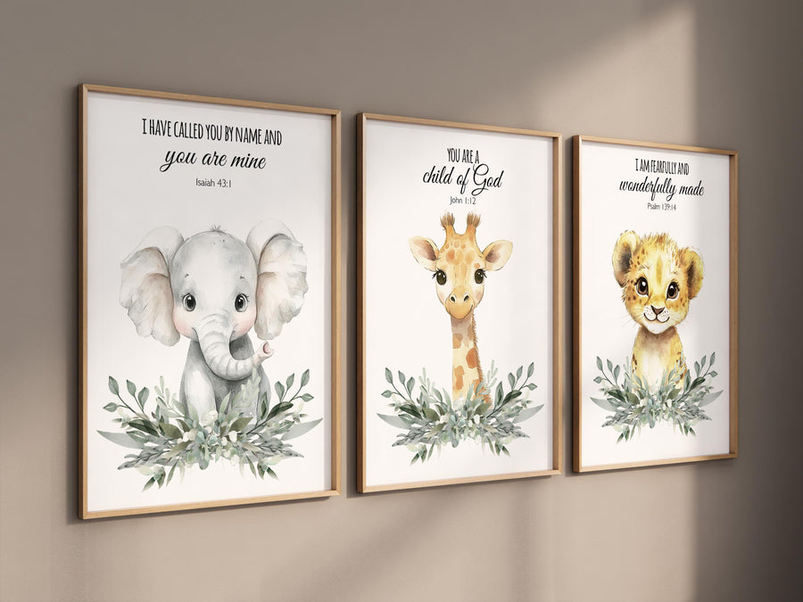 Christian Safari Nursery Prints: Elephant, Giraffe, Lion - Bible Verse Art (Set of 3)