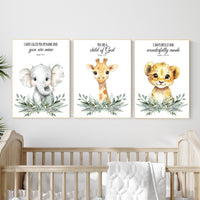 Christian Safari Nursery Prints: Elephant, Giraffe, Lion - Bible Verse Art (Set of 3)