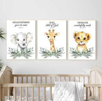 Christian Safari Nursery Prints: Elephant, Giraffe, Lion - Bible Verse Art (Set of 3)