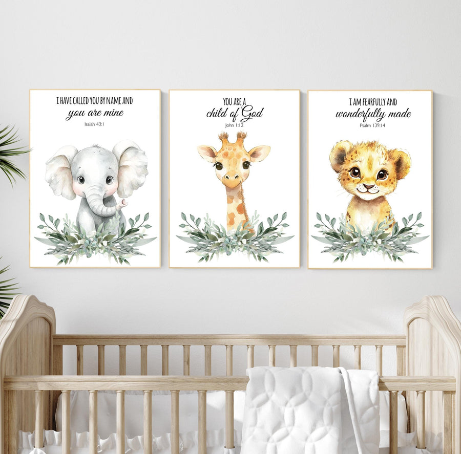Christian Safari Nursery Prints: Elephant, Giraffe, Lion - Bible Verse Art (Set of 3)