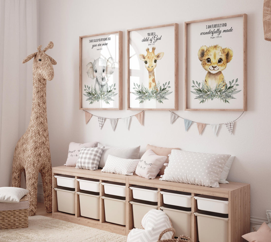 Christian Safari Nursery Prints: Elephant, Giraffe, Lion - Bible Verse Art (Set of 3)