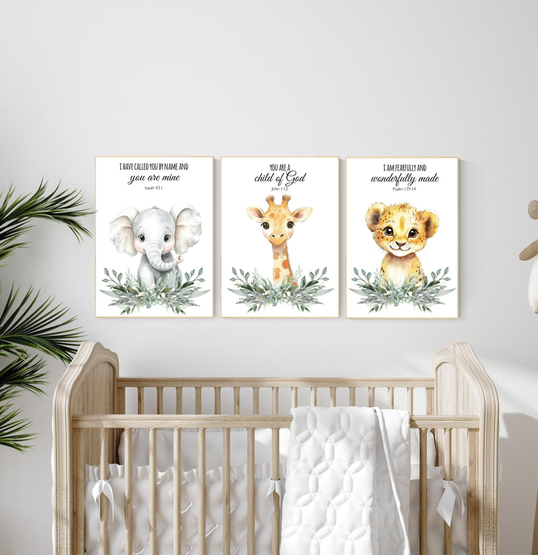Christian Safari Nursery Prints: Elephant, Giraffe, Lion - Bible Verse Art (Set of 3)