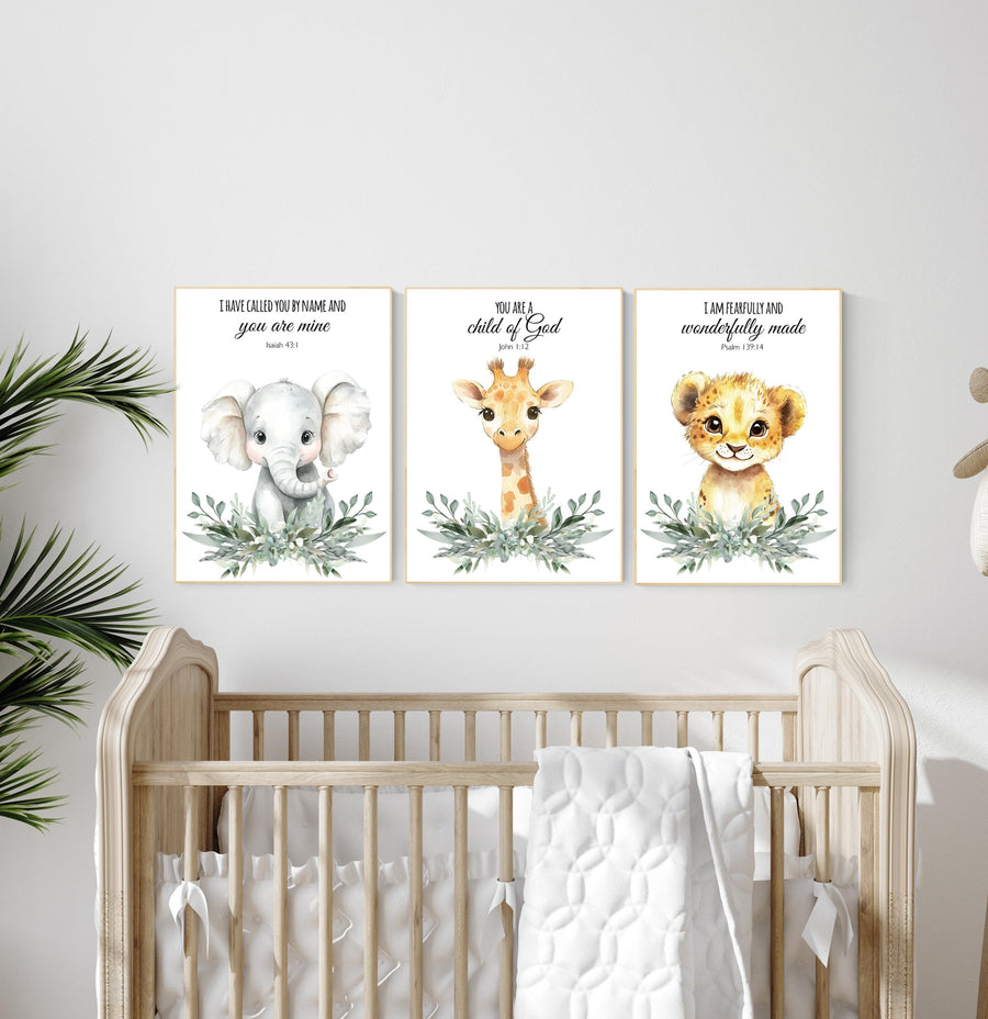 Christian Safari Nursery Prints: Elephant, Giraffe, Lion - Bible Verse Art (Set of 3)
