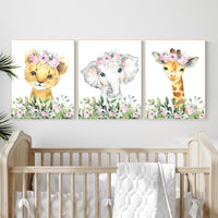 Safari Nursery Art: Girl Animal Prints with Pink Flowers, Set of 3