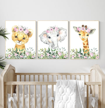 Safari Nursery Art: Girl Animal Prints with Pink Flowers, Set of 3
