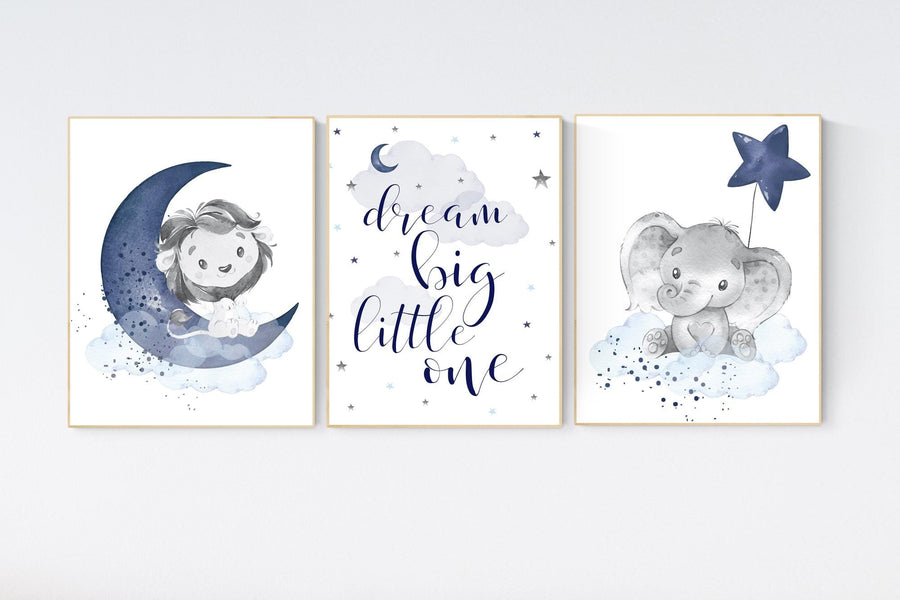 Boy Safari Nursery Wall Art Set – Dream Big Little One Lion Elephant Moon Star, Blue Animal Prints, Baby Boy Room Decor, Safari Theme