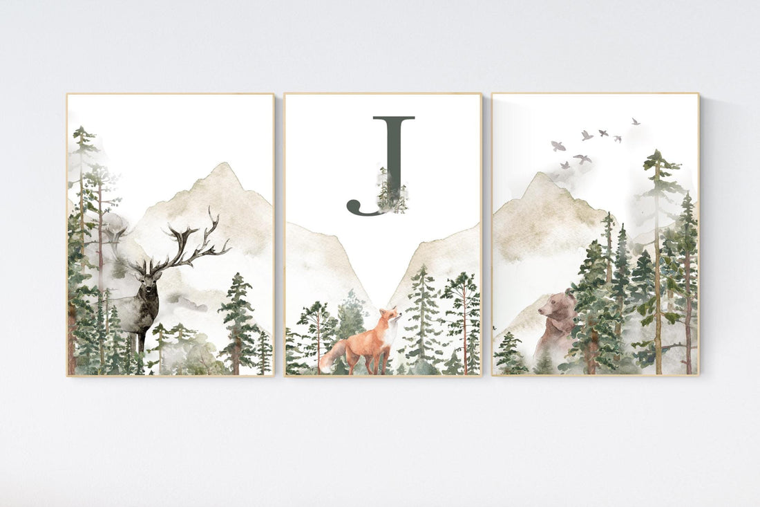 Nursery decor woodland, mountain wall art, tree nursery decor, adventure theme nursery, forest, sage green, beige, woodland animals