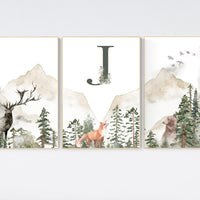 Nursery decor woodland, mountain wall art, tree nursery decor, adventure theme nursery, forest, sage green, beige, woodland animals