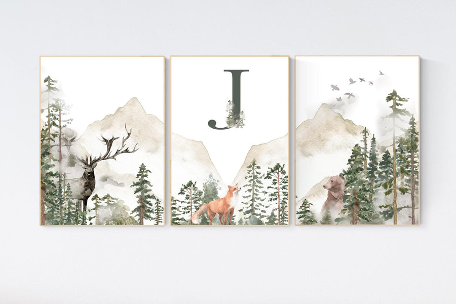Nursery decor woodland, mountain wall art, tree nursery decor, adventure theme nursery, forest, sage green, beige, woodland animals