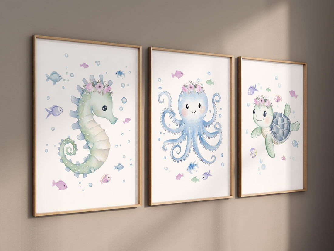 Seahorse Octopus Turtle Nursery Wall Art, Pink Ocean Prints for Girls
