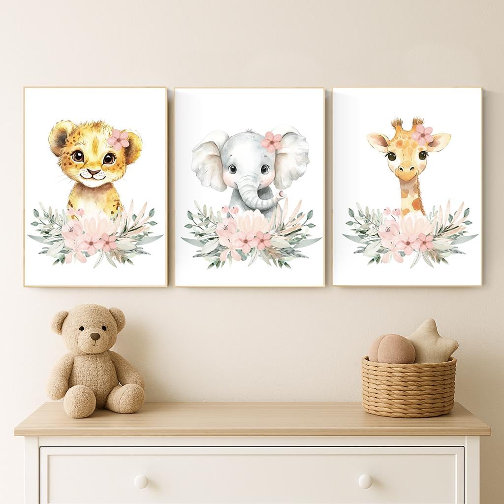 Safari Nursery Prints: Blush Pink Lion, Elephant, Giraffe Wall Art
