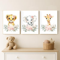 Safari Nursery Prints: Blush Pink Lion, Elephant, Giraffe Wall Art