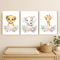Safari Nursery Prints: Blush Pink Lion, Elephant, Giraffe Wall Art