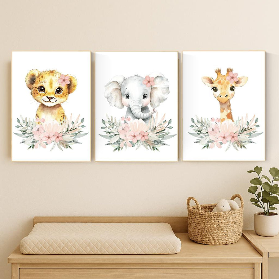 Safari Nursery Prints: Blush Pink Lion, Elephant, Giraffe Wall Art