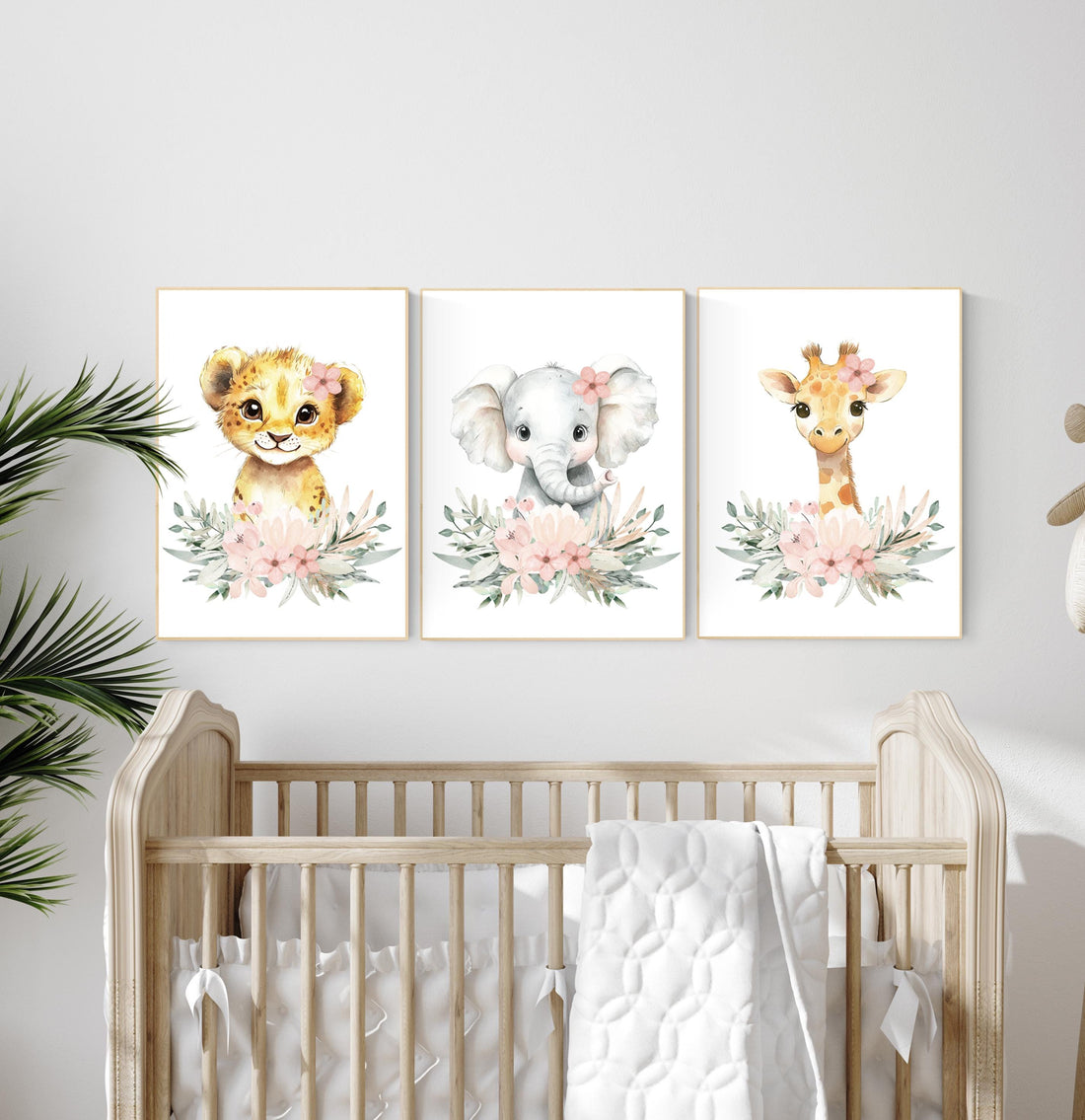 Safari Nursery Prints: Blush Pink Lion, Elephant, Giraffe Wall Art