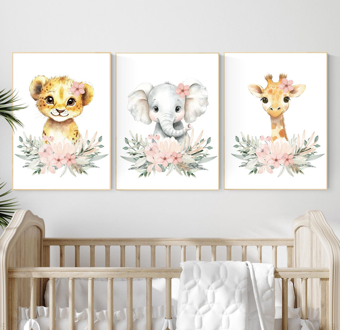 Safari Nursery Prints: Blush Pink Lion, Elephant, Giraffe Wall Art