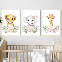 Safari Nursery Prints: Blush Pink Lion, Elephant, Giraffe Wall Art