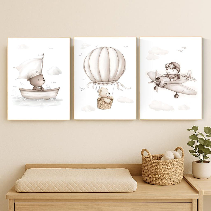 Adventure Bear Nursery Print Set: Travel Theme Wall Art