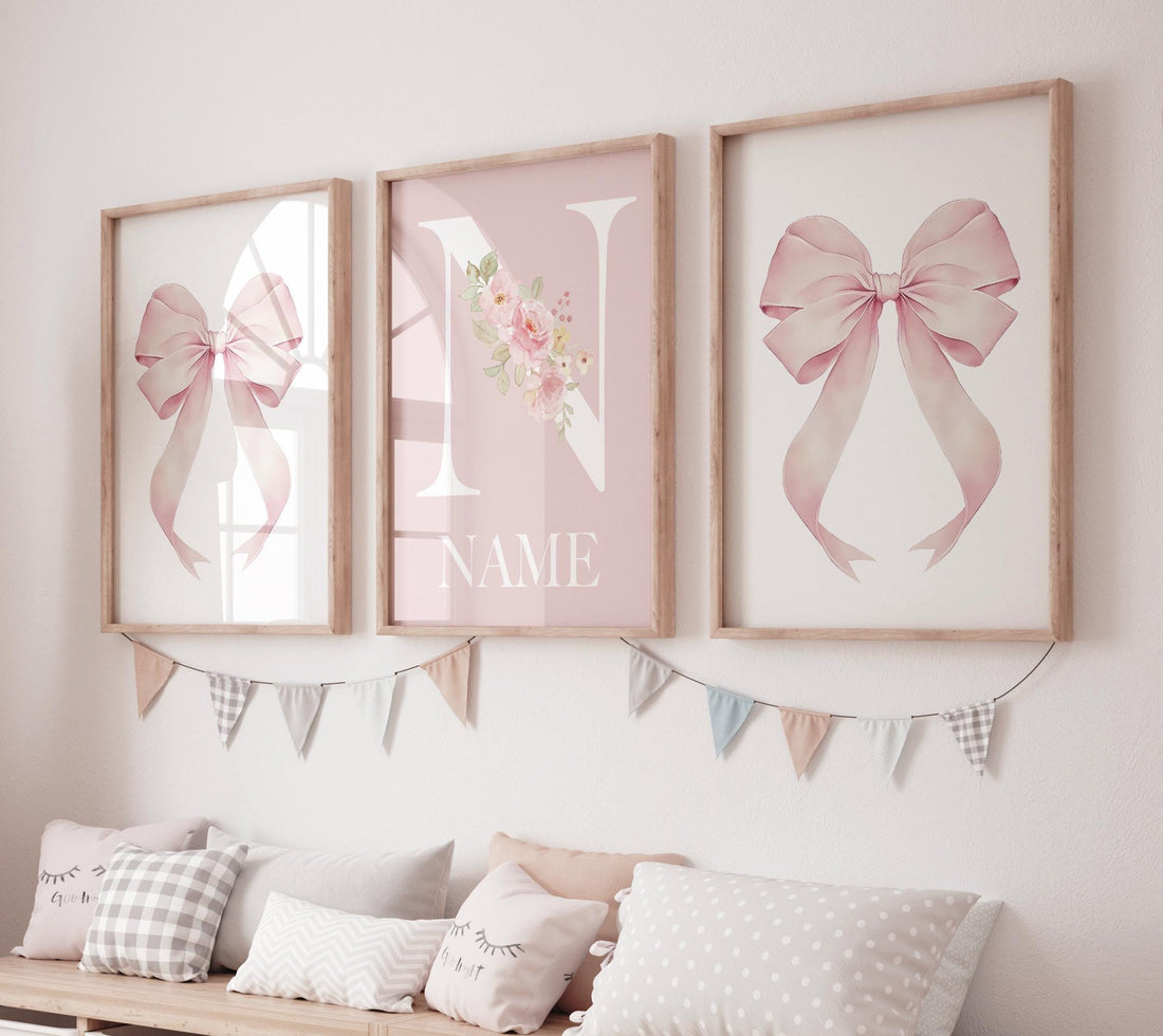 Personalized Pink Bow Nursery Print: Floral Name Monogram