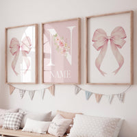 Personalized Pink Bow Nursery Print: Floral Name Monogram