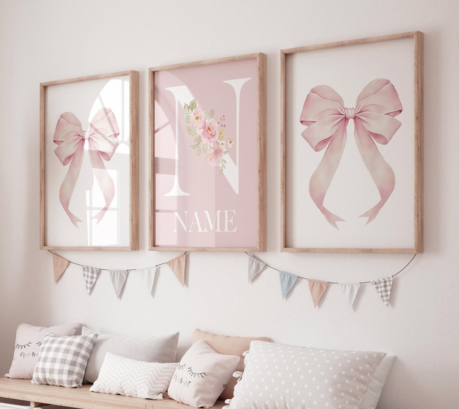 Personalized Pink Bow Nursery Print: Floral Name Monogram
