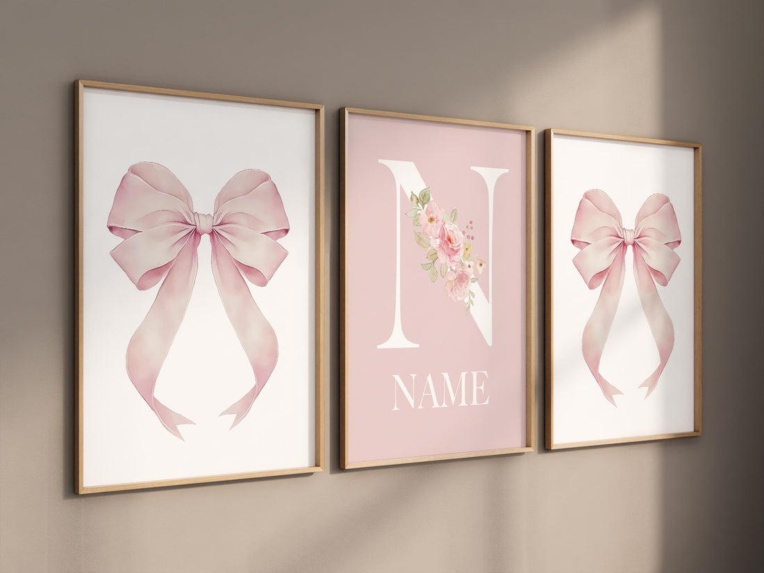 Personalized Pink Bow Nursery Print: Floral Name Monogram