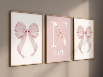 Personalized Pink Bow Nursery Print: Floral Name Monogram