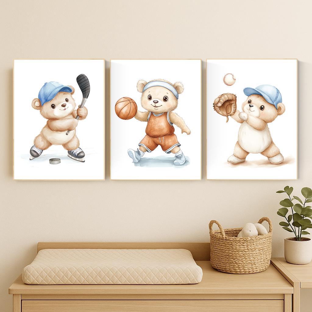Sports Bear Nursery Wall Art Set | Hockey Basketball Baseball Prints | Boy Room Decor | Sport-Themed Baby Room Art | Kids Wall Decor