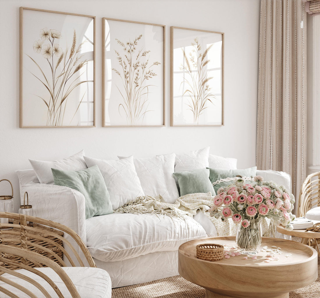 Beige Botanical Line Art Print Set: Minimalist Floral Wall Decor