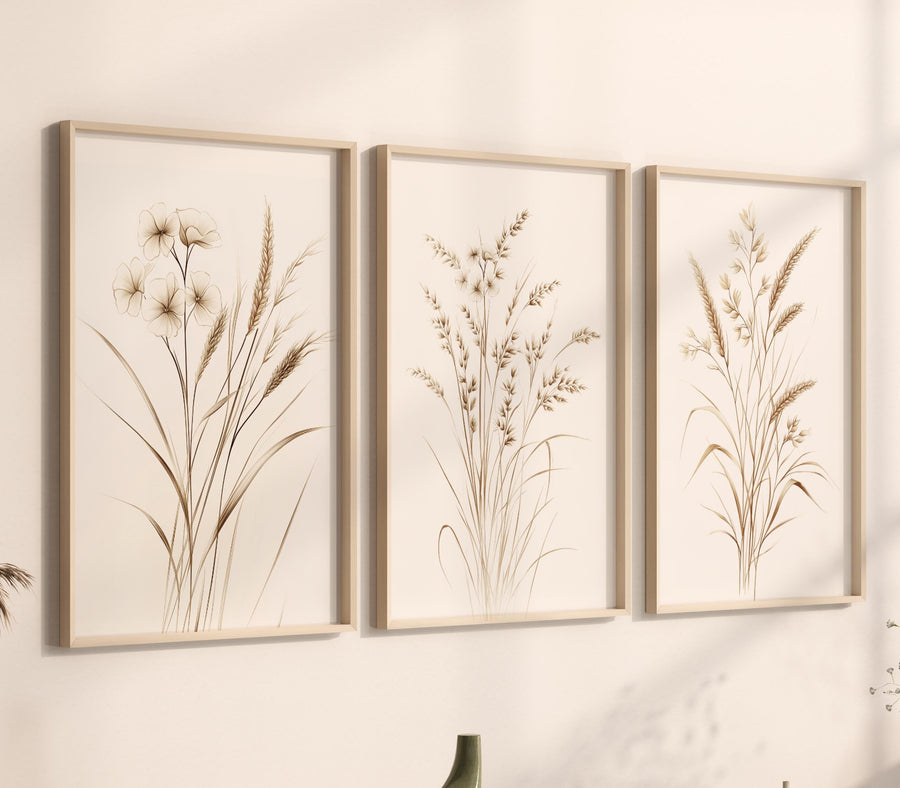 Beige Botanical Line Art Print Set: Minimalist Floral Wall Decor