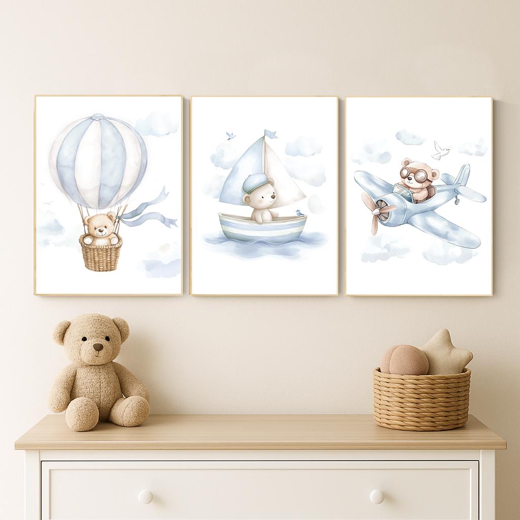 Blue Bear Nursery Art Set: Hot Air Balloon, Boat & Plane Prints