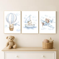 Blue Bear Nursery Art Set: Hot Air Balloon, Boat & Plane Prints