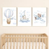 Blue Bear Nursery Art Set: Hot Air Balloon, Boat & Plane Prints