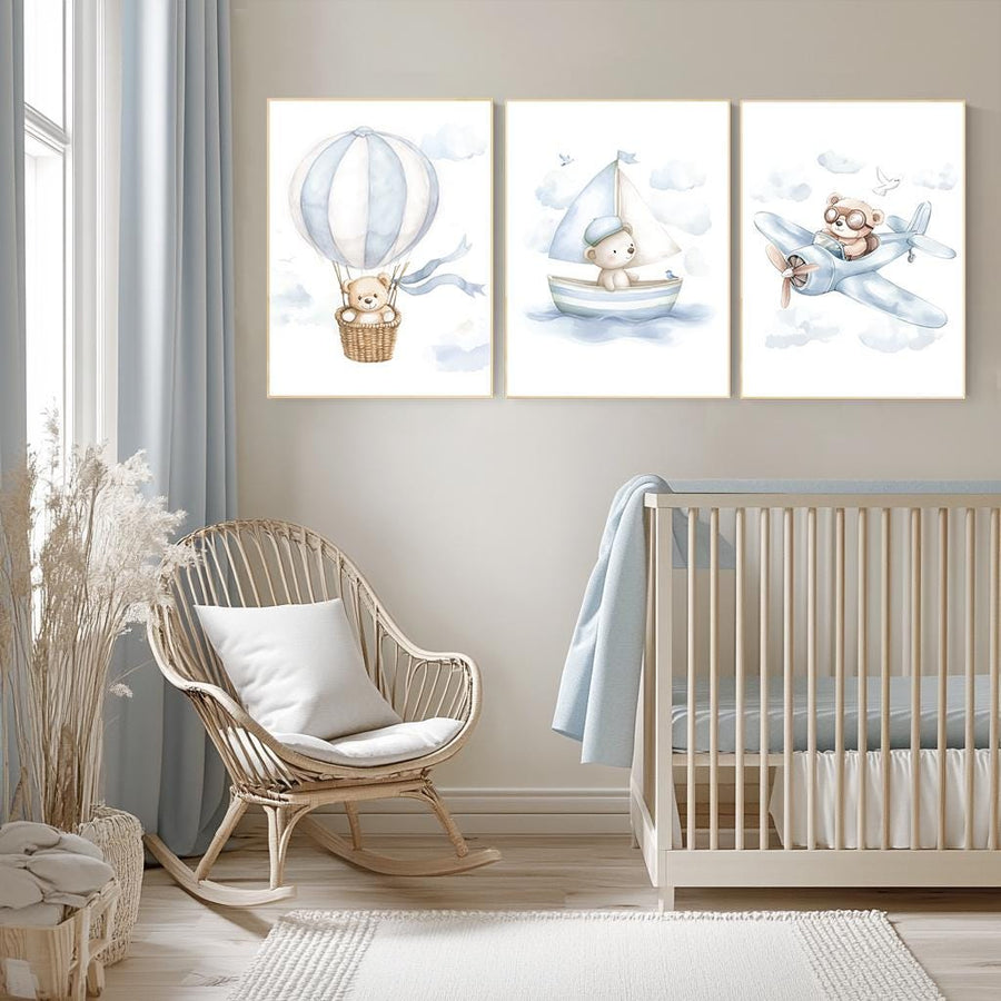 Blue Bear Nursery Art Set: Hot Air Balloon, Boat & Plane Prints
