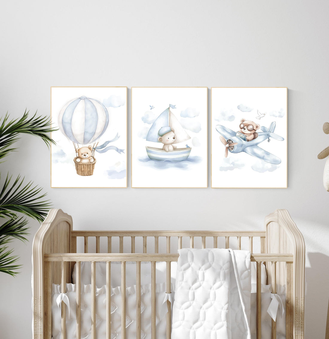 Blue Bear Nursery Art Set: Hot Air Balloon, Boat & Plane Prints