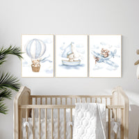 Blue Bear Nursery Art Set: Hot Air Balloon, Boat & Plane Prints