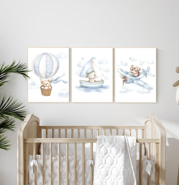 Blue Bear Nursery Art Set: Hot Air Balloon, Boat & Plane Prints