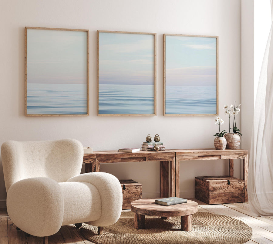 Minimalist Ocean Wall Art Set – Tranquil Sea Horizon Prints, Coastal Blue Seascape, Calm Beach Scene Poster, Modern Coastal Decor