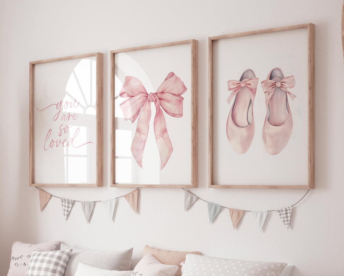Pink Ballet Nursery Wall Art Set – “You Are So Loved” Quote, Ballerina Shoes & Bow Prints, Baby Girl Room Decor, Blush Ballet Artwork