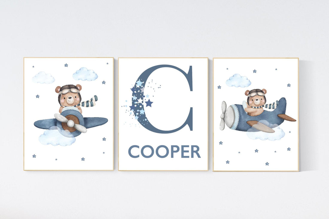 Airplane Bear Nursery Print: Personalized Initial, Blue Sky Decor