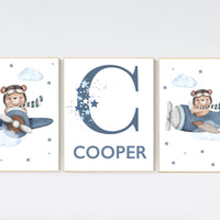 Airplane Bear Nursery Print: Personalized Initial, Blue Sky Decor